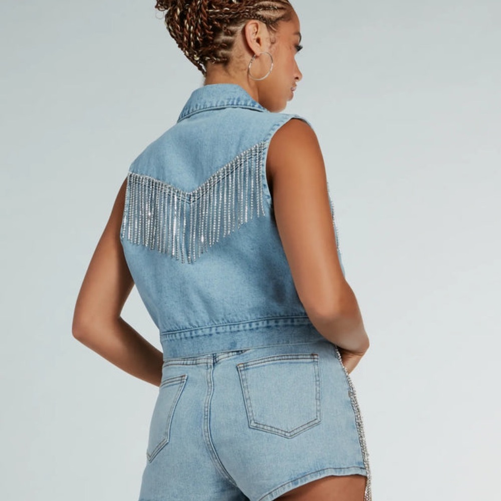 Rhinestone Fringe Denim Vest